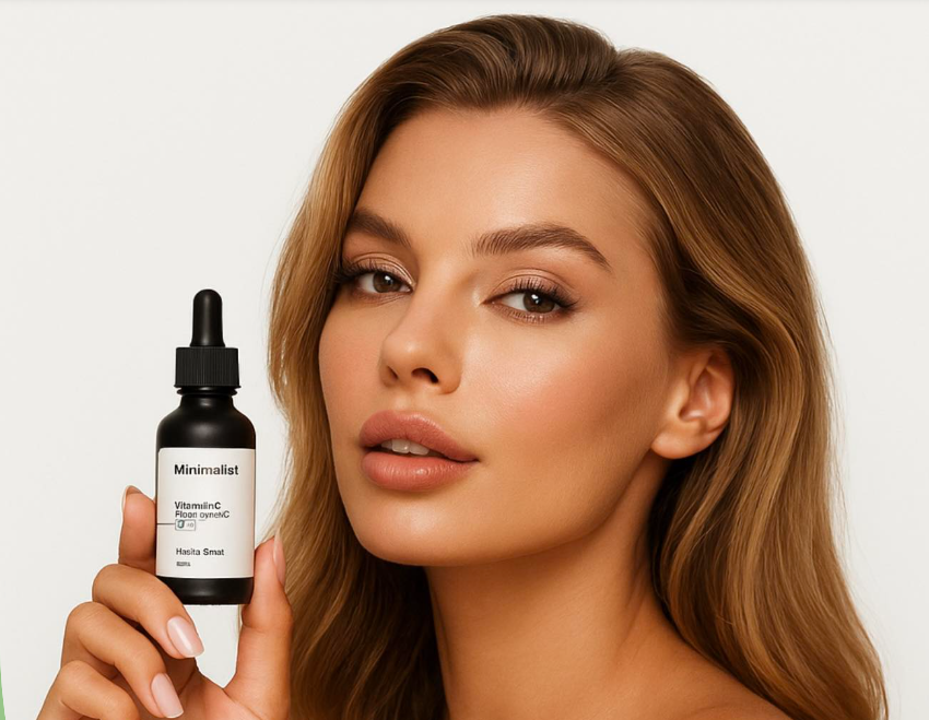 Woman holding skin product tincture.